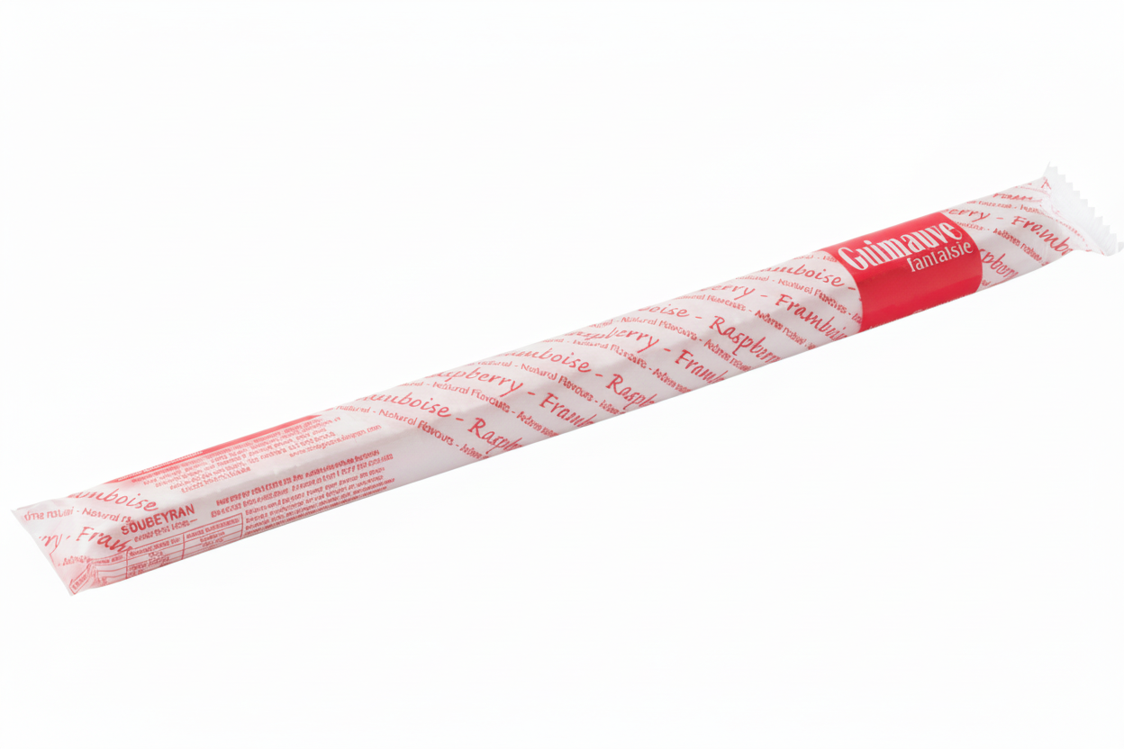 Guimauve fantaisie à la framboise de 30 g de la marque Soubeyran, avec lanières colorées et moelleuses.